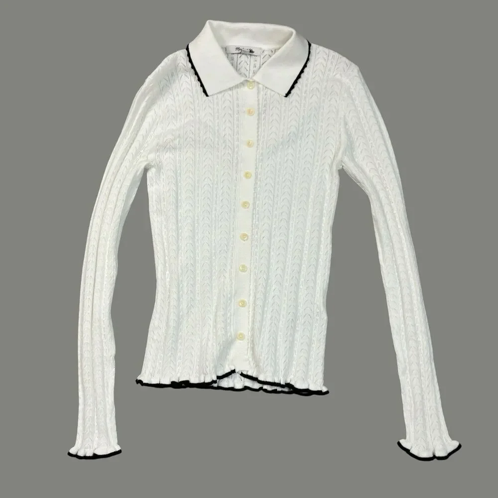 Madewell Cardigan Womens XXS White Ruffle Trim Pointelle Peter Pan Preppy NY455
